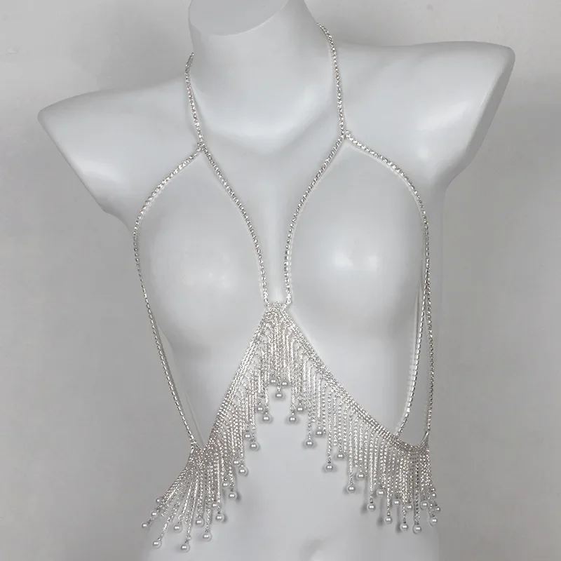 Luxury Pearl Fringe Rhinestone Body Chain Statement Crystal Bra Top Harness Waterfall Tassel Jewelry Clubwear Accessories