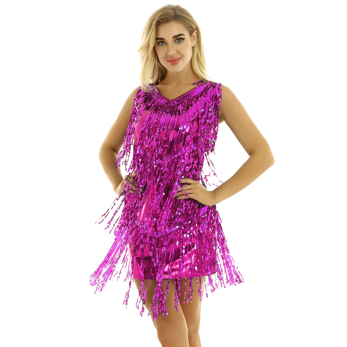 Women Sequins Tassel Latin Dance Dress Fringed Salsa Samba Tango Dancing Dresses Stage Performance Dance Costumes Dancewear