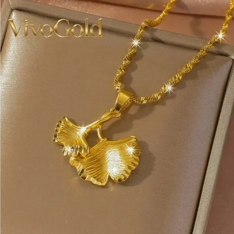 VivoGold VivoGoldFan-shaped pendant 9999 24K Real Gold Sansheng You Apricot Women's Ginkgo Leaf Necklace Niche Design Pendant