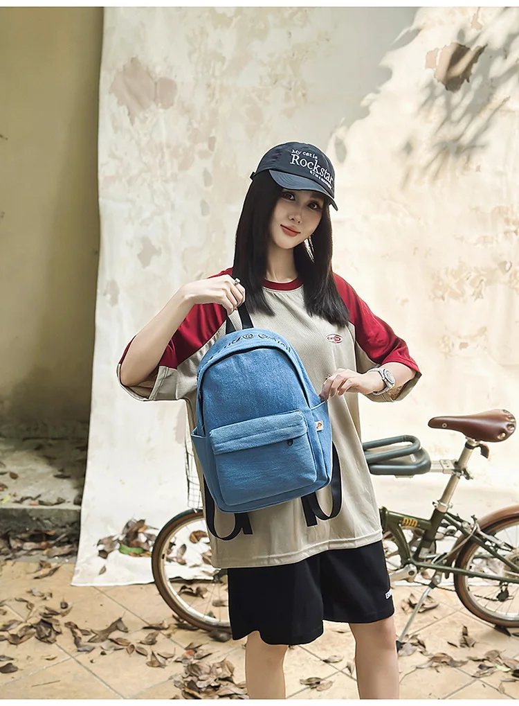 

Denim Backpack Women Men Large Capacity School Bag Embroidered Letter Student Bookbag Casual Travel Backpack Daily Laptop Bag