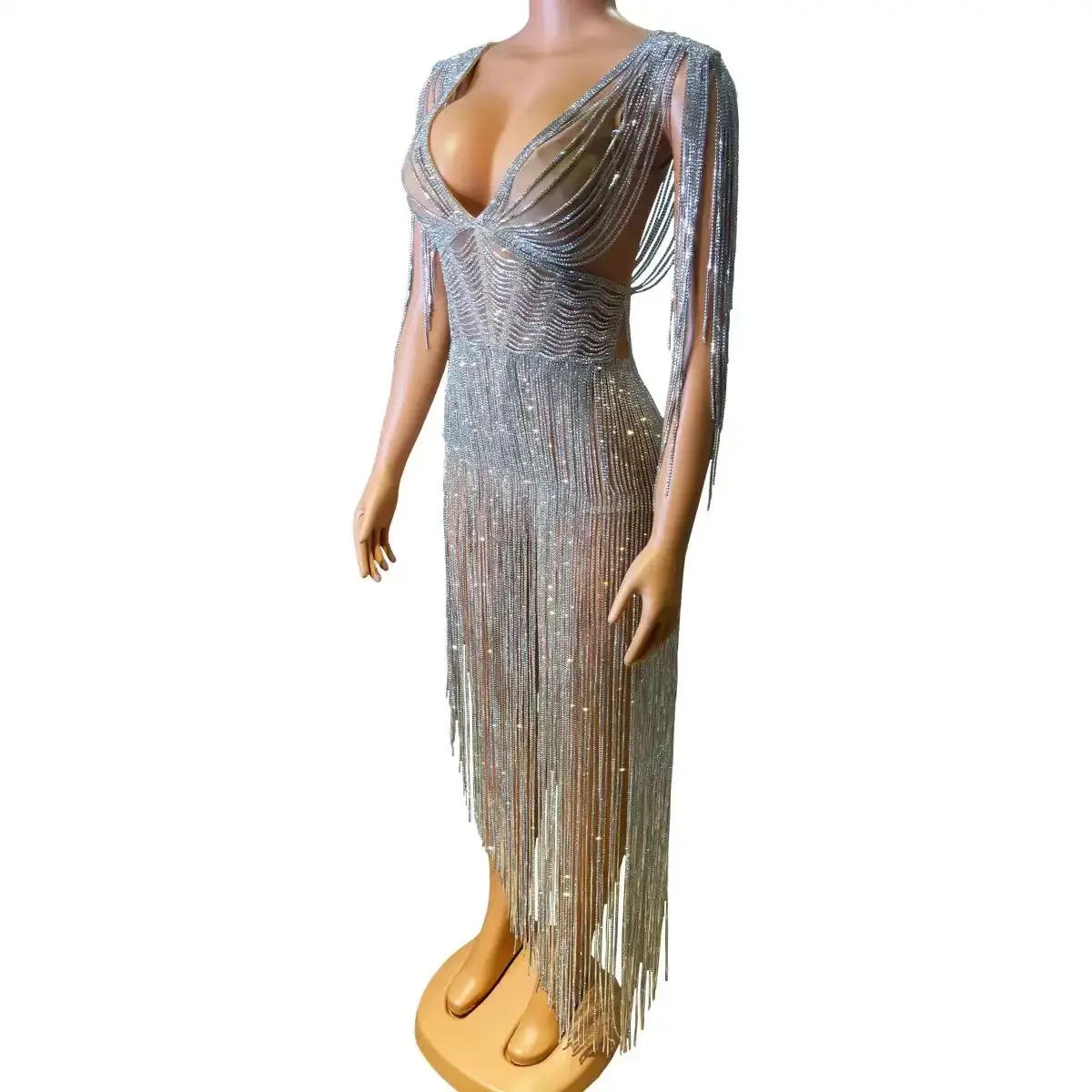 Sexy Diamond Tassel V-neck Skirt Nightclub DJ Bar Female Singer Dance Team Stage Performance Clothing Party Theme Show Costume