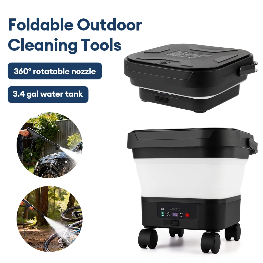21V 300W Rechargeable Foldable Cordless Pressure Washer 13L Foldable Water Tank Electric Car Wash Machine with 6-in-1 Multi-Function Nozzle Adjustable Pressure Portable Water Sprayer for Car Garden Outdoor Cleaning