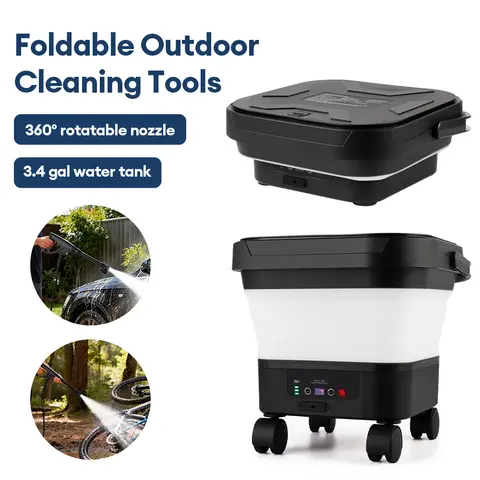 21V 300W Rechargeable Foldable Cordless Pressure Washer 13L Foldable Water Tank Electric Car Wash Machine with 6-in-1 Multi-Function Nozzle Adjustable Pressure Portable Water Sprayer for Car Garden Outdoor Cleaning