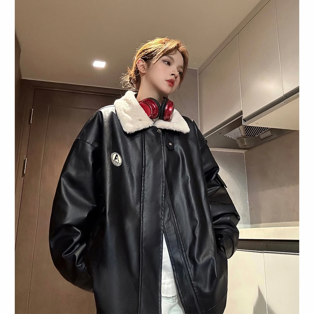 

Men's Thiened Fce Lined PU Leather Cotton Jaet Winter Warm Casual Sle Couple's Faionable American Brand eepskin ...