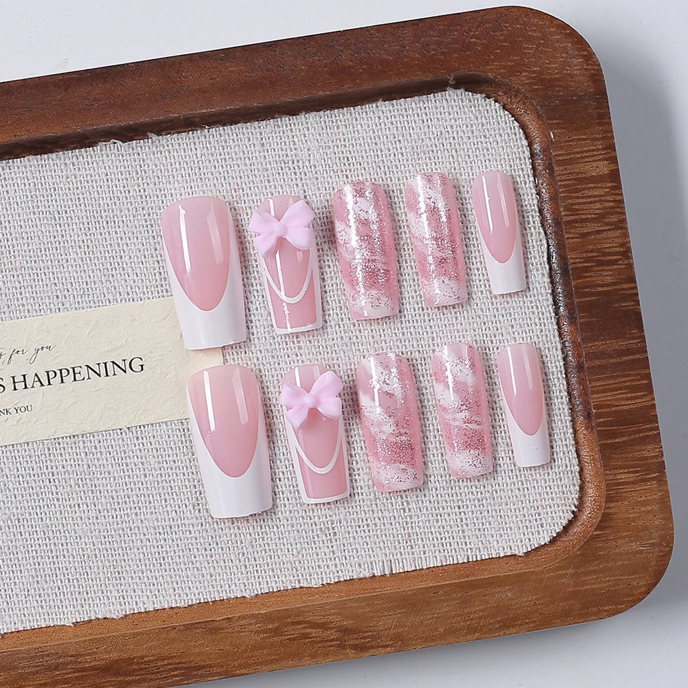 24pcs Pink French Medium Long Coffin Press On Nails Cute Bow Glossy Ballet False Nails Full Cover Acrylic Manicure Decoration T1