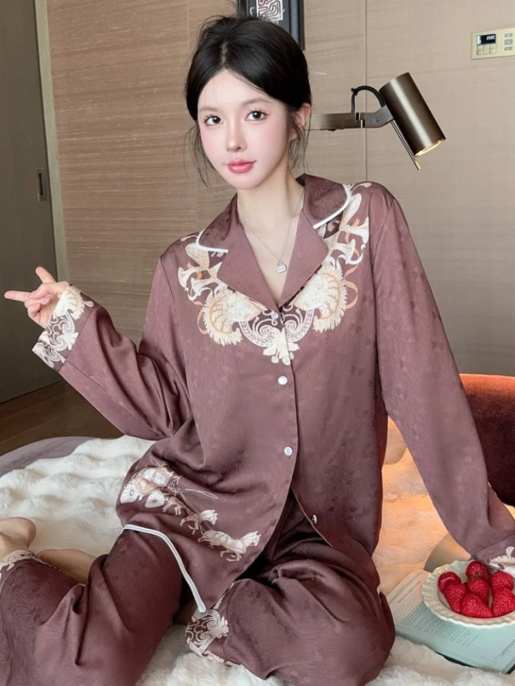 2024 Spring New Ice Silk Pajamas Women\'s Retro Chinese Style Long Sleeved  Long Pants 2-Piece Set Light Luxury Home Clothing