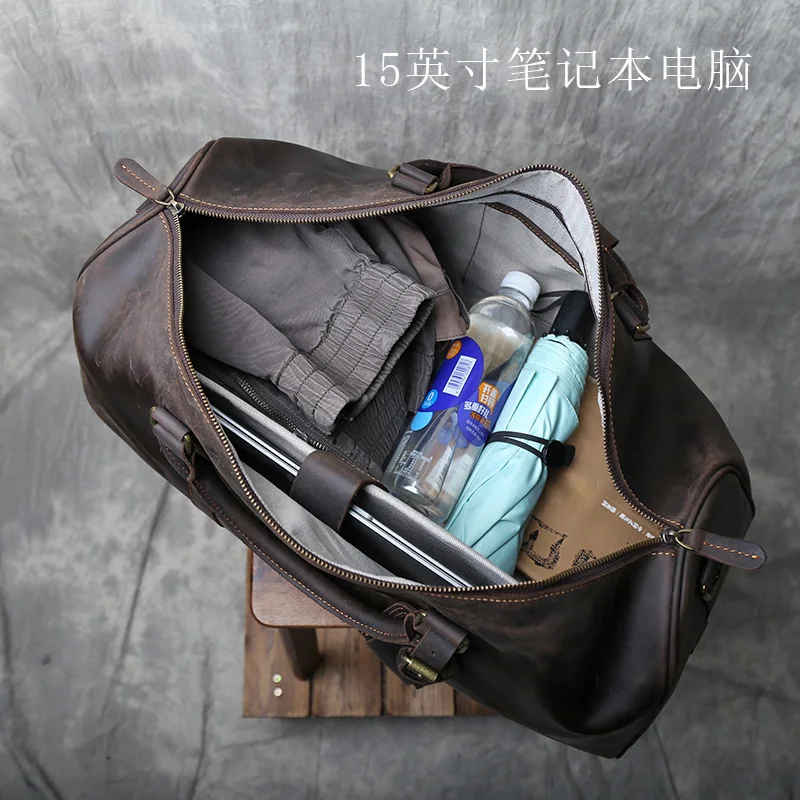 Retro Crazy Horse Leather Travel Bag for Men Large Capacity Head Layer Leather Tote Bag Genuine Leather Wearing Trolley Box