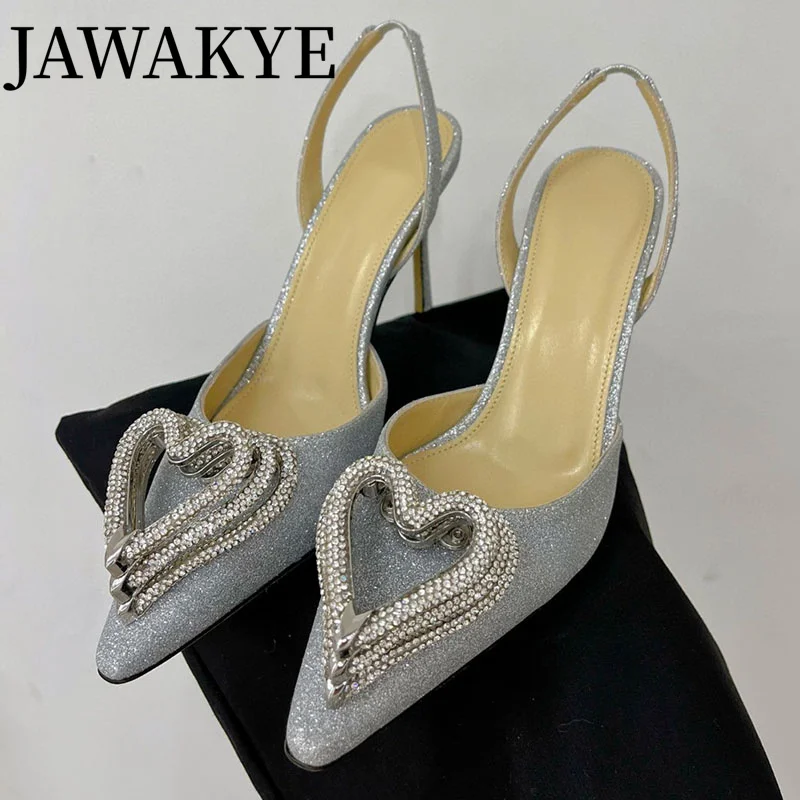 

Runway Summer Pointy Toe Satin Pumps Bling Crystal Heart Ankle strap Sandals Woman Party Dress Sandals Wedding Shoes Women