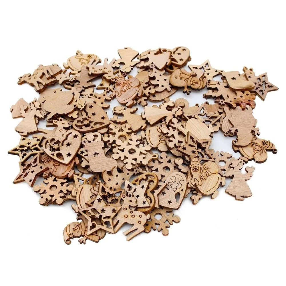 50Pcs Christmas Wooden Chip Santa Claus Snowflake DIY Crafts Xmas Tree Hanging Ornament Pendant Navidad Home Decorations