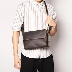 Men's Small Genuine Leather Bag New Simple Cowhide Shoulder Bag Crazy Horse Leather Crossbody Bag Large Capacity Messenger Bags