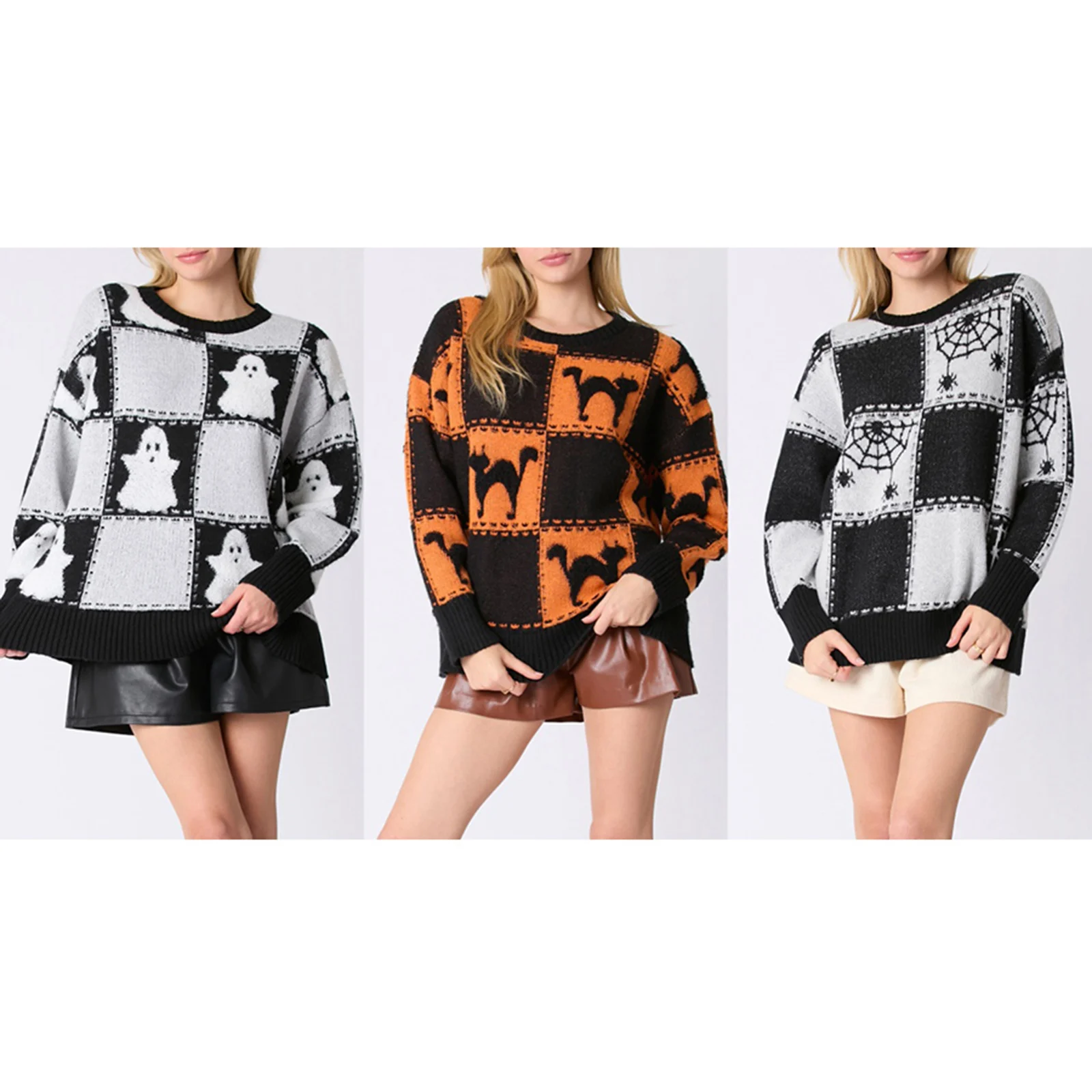 Women's Casual Streetwear Halloween Checkered Sweater Loose Jumpers Pullover Knit Sweaters Tops