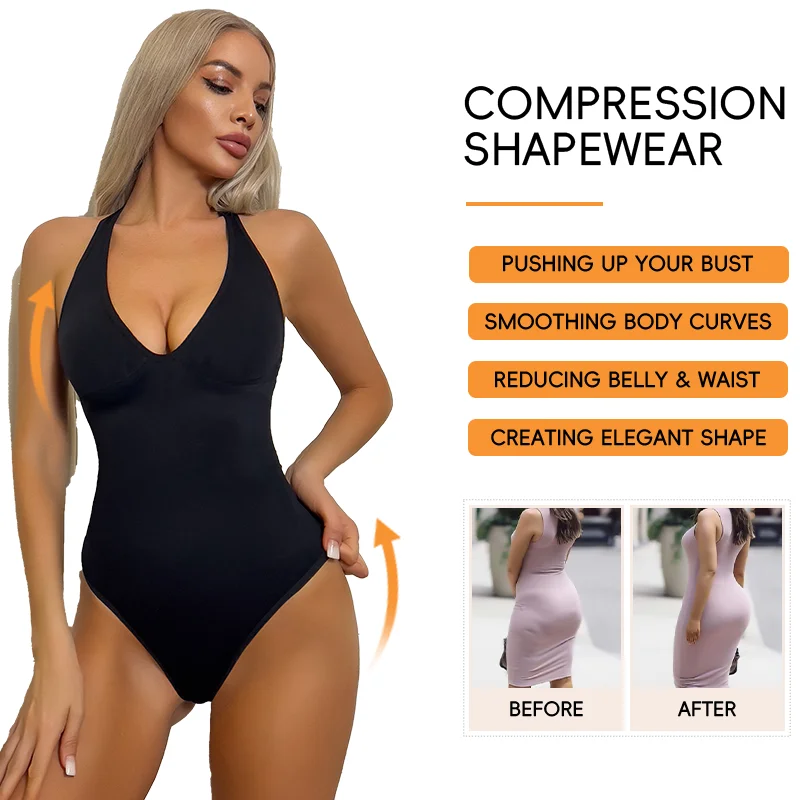 Body con copa en V profundo para mujer, ropa moldeadora con tirantes ajustables, Top con cuello Halter, Fajas Colombianas con Control de barriga, Tanga, ropa de playa Sexy 2025