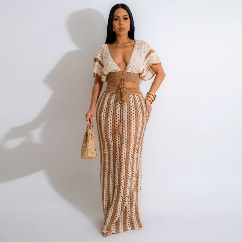 Women Fashion Striped Hollow Out Knitted Two Piece Set V-neck Short Sleeve Backless Tassel Lace Up Crop Tops + Long Skirts Suits