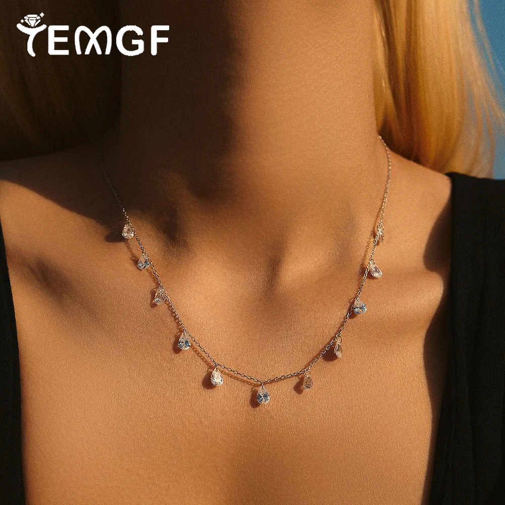 

TEMGF 5*7mm 0.8CT Pear Cut 5A Zircon Necklace 925 Sterling Silver Dainty Stacking Neck Chain for Elegant Women Fine Jewelry Gift