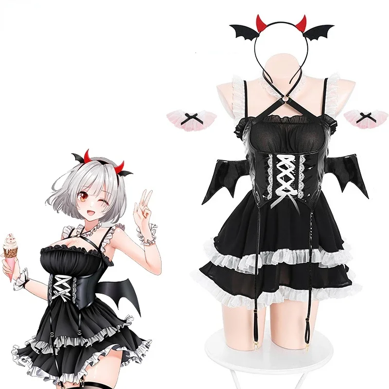 Girl Bad Devil Anime Maid Unifrom Halloween Women Bat Wings Dress Outfits Costumes Cosplay Bubble Skirt Cute Clothing