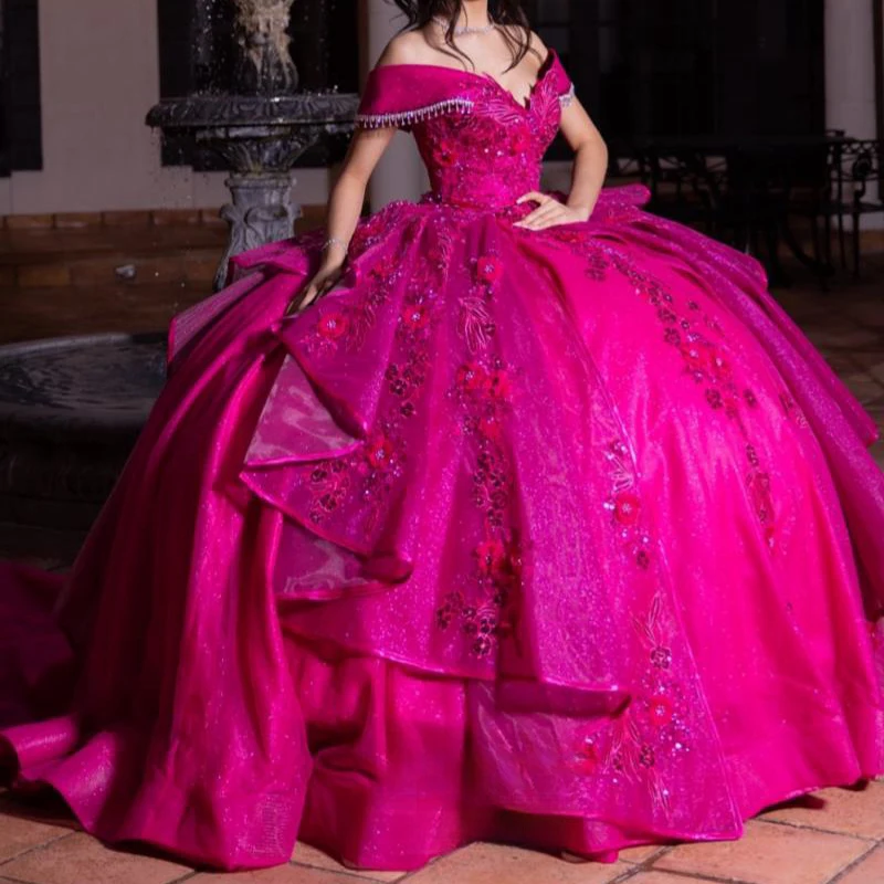 

Customized Rose Red Off The Shooulder Quinceanera Dresses Sparkly Party Applique Lace Beads Tull Ball Gown Vestidos De 15 Anos