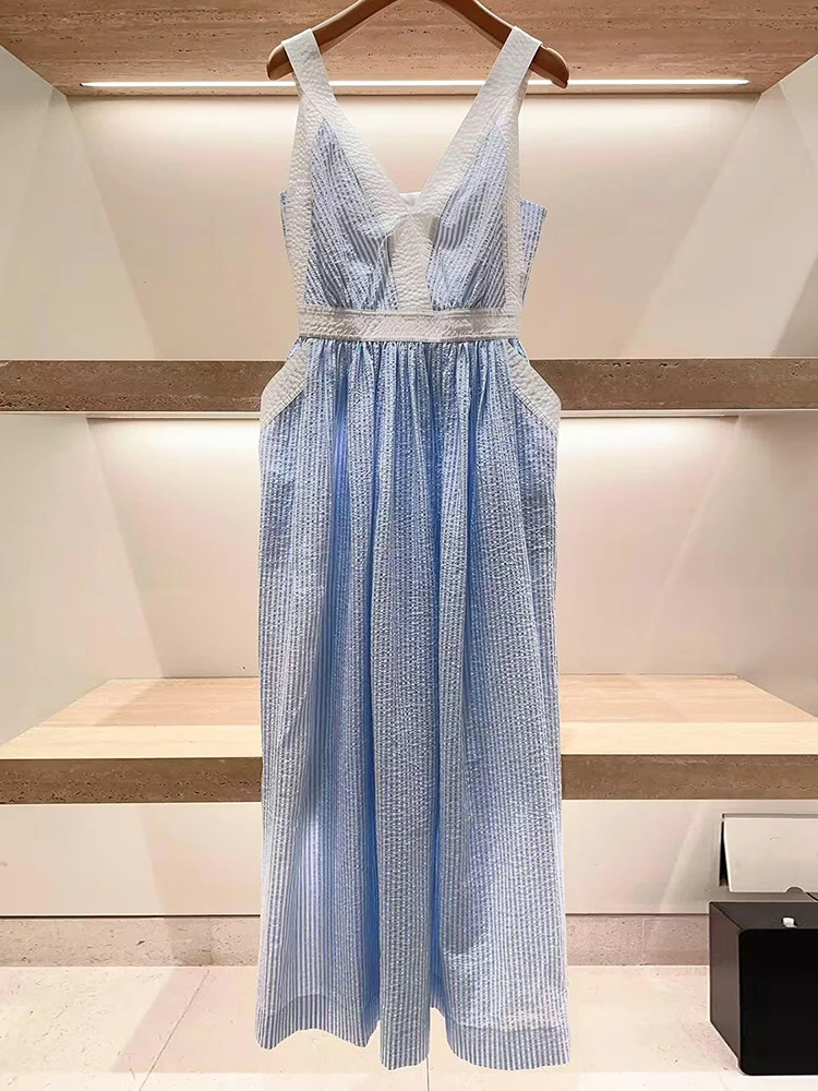 

Sweet Striped Long Waist-Cinching ter Dr Ele A-Line Silhouette Soft Polyester Fabric No-Sve V-Ne Gown for Women