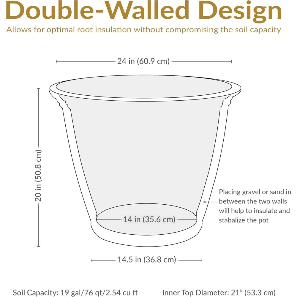 Большая 24-дюймовая пластиковая круглая кашпо с двойными стенками для улицы, дренажем и функцией для наполнения