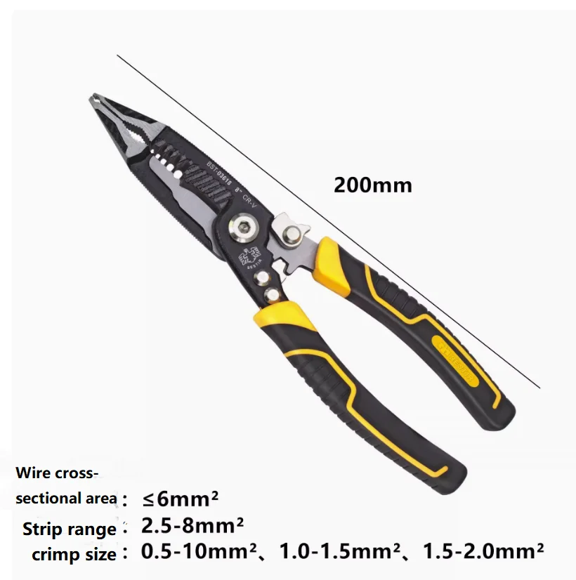 BESTIR tool 8inch 6 in 1 electrician multifunctional pliers for clamping knobbing stripping cutting repairing crimping NO.03618