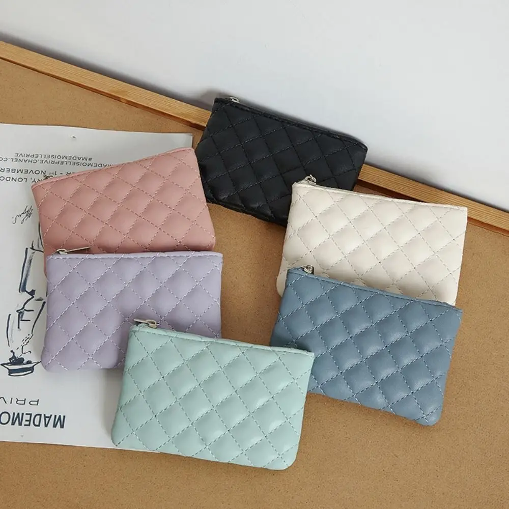 Fashion Square Rhombic Lattice Coin Purse Solid Color PU Leather Handbag Wallet Zipper Purse Credit Card Holder Women