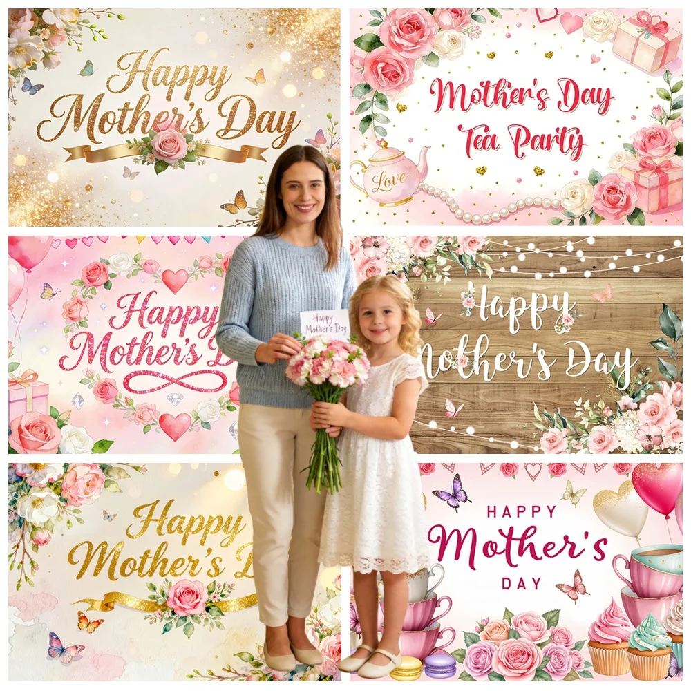 

Happy Mother's Day Photography Backdrop Pink Rose Floral Flower Thanks Mothers Day Women Birthday Background Photo Booth Studio