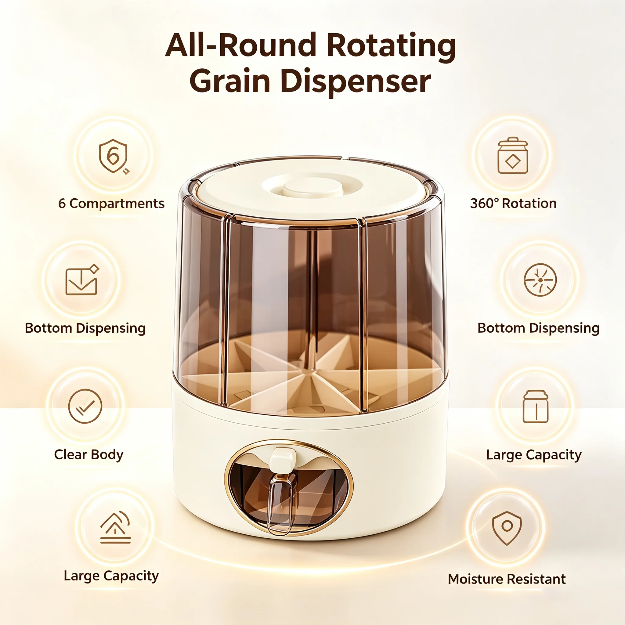 Multi-function Rotating Grain Container 6 Grid Transparent Visual, One-Touch Grain Output