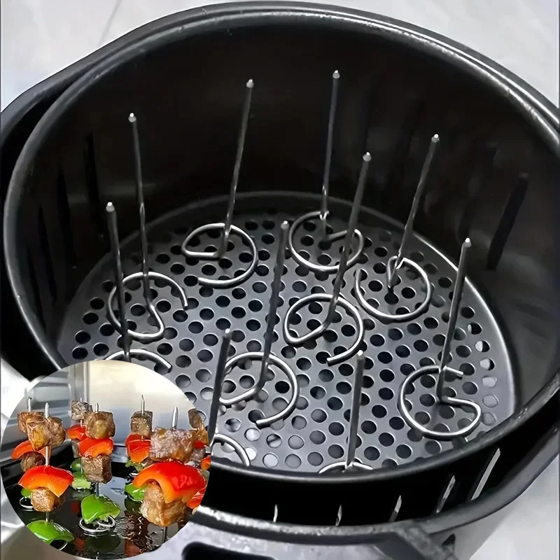 10PCS  Stainless Steel Skewers Air Fryer Oven Grill Reusable Vertical Grill Sticks with Anti-Roll Rings Food-Grade Non-Slip