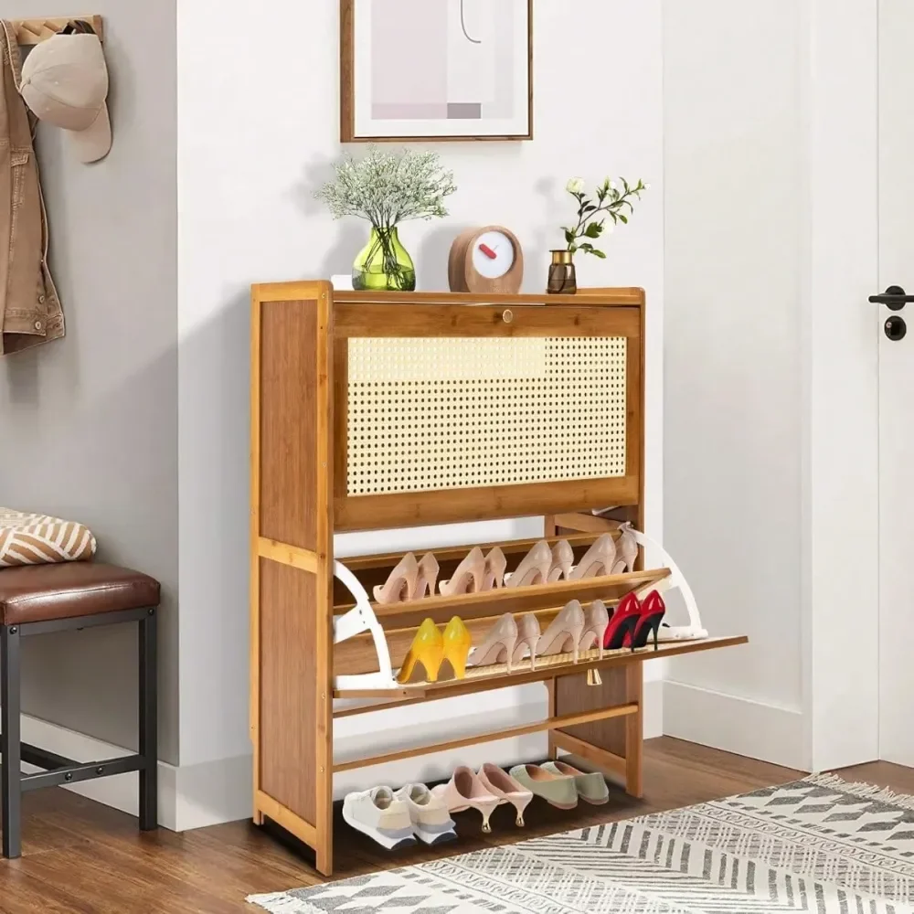 

LOYALHEARTDYBTG 2 Tier Tipping Shoe Cabinet For Entryway, Foldable Natural Rattan Shoe Cabinet Floor Storage Organizer Shoe Rac