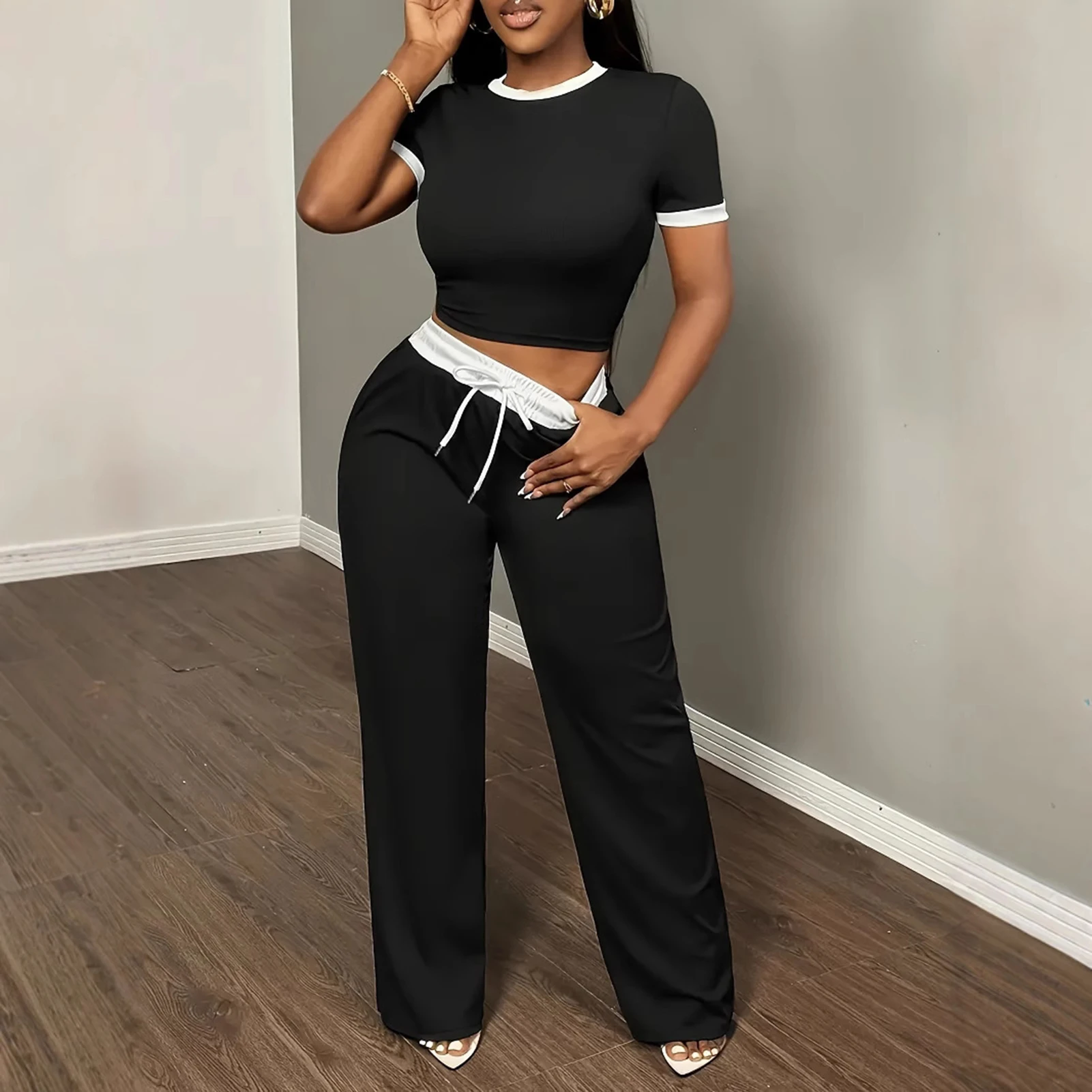 

Summer Women's Black Sets White Round Neck Short Sleeve T-shirt And Pants Sets For Women 2 Pieces Tracksuits Outfits