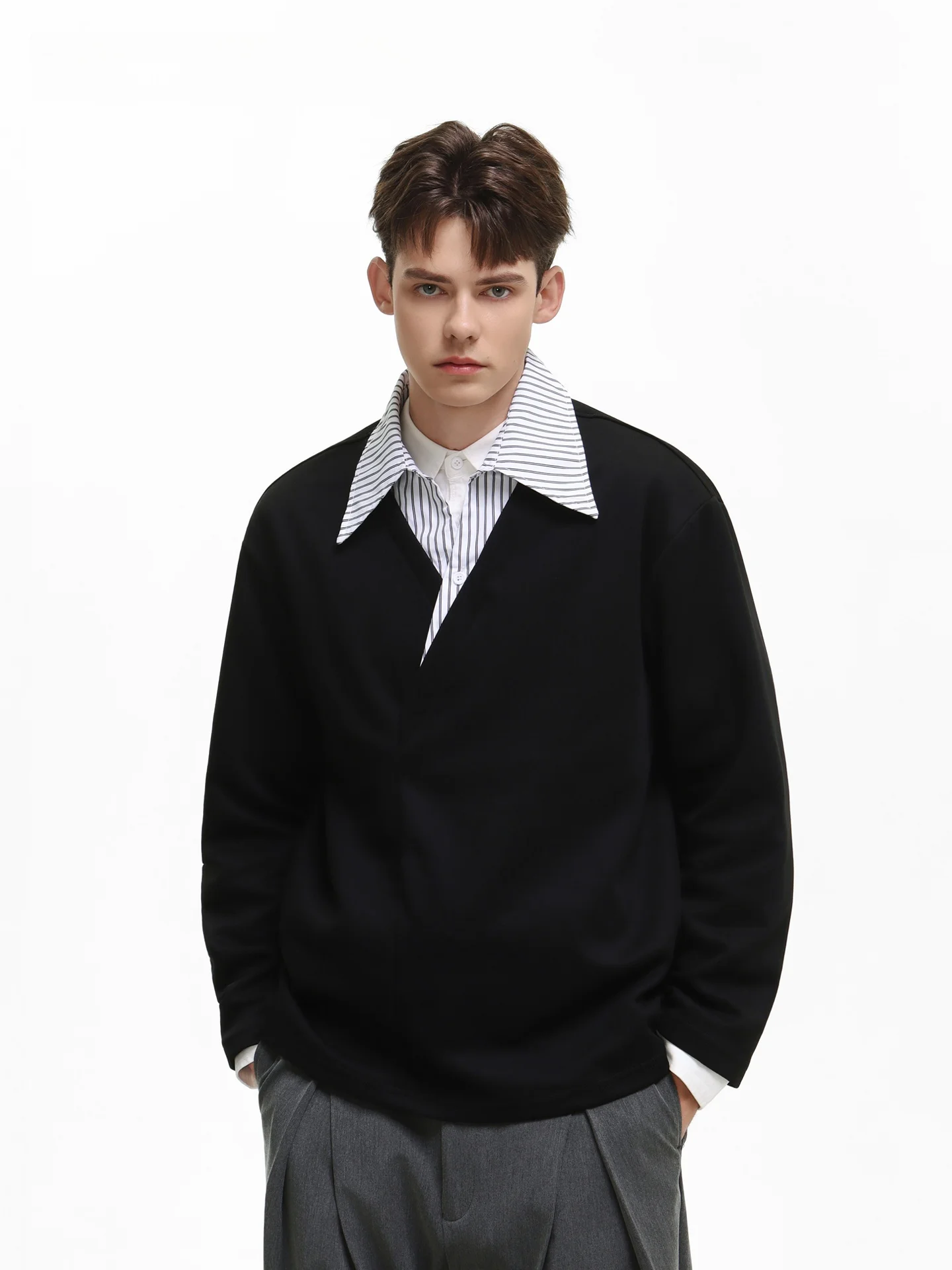 SDMADE American Retro Striped Fake Two-Piece Collared Loose Casual Long Sleeve for Men And Women Autumn Season Comfortable Fit