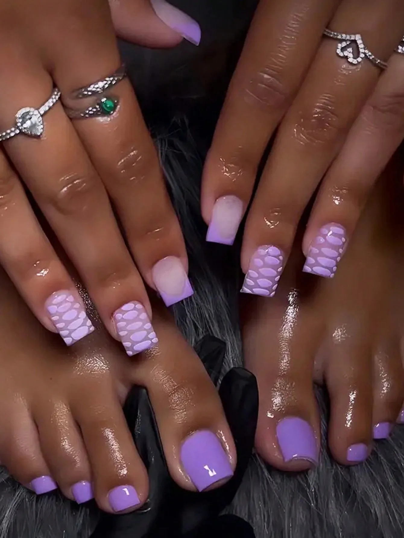 48Pcs Purple French Press On Nails, Matching Hand & Toe Fake Nails with Croc Print