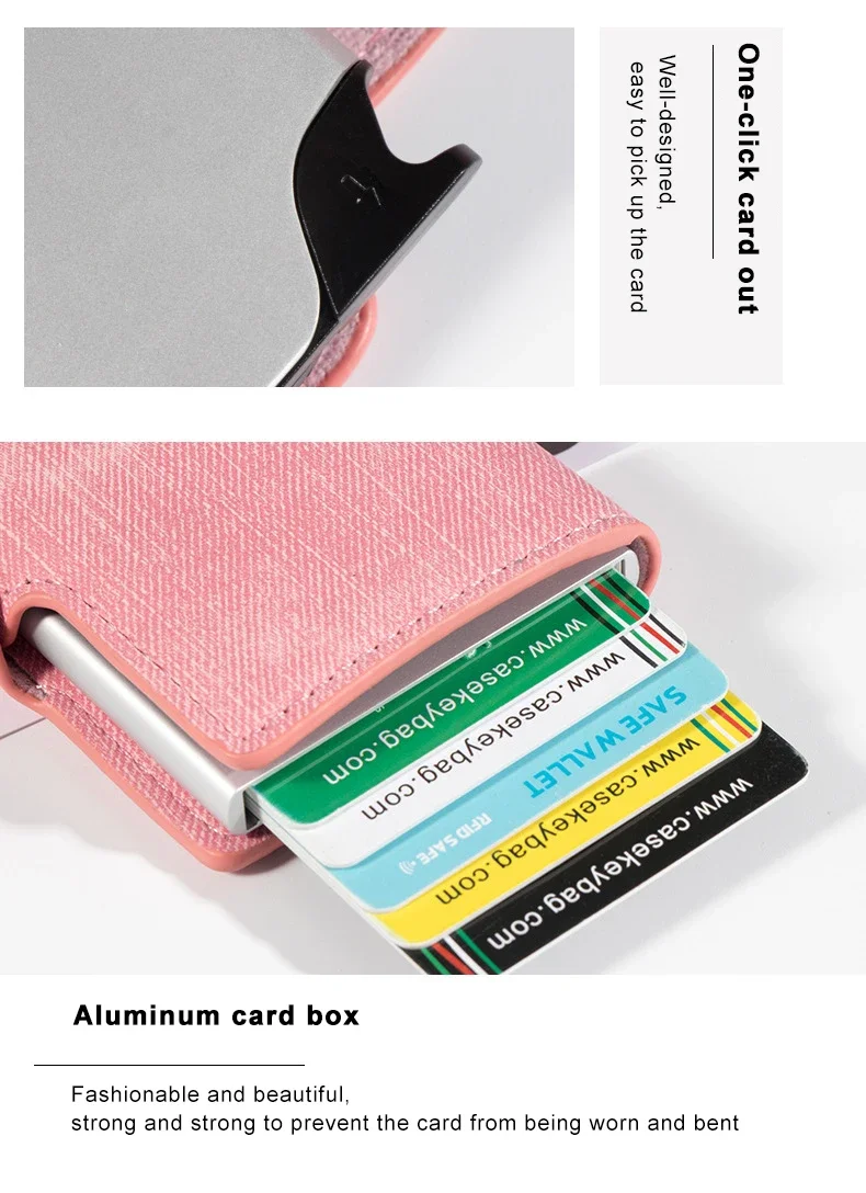 Damen Rosa Geldbörse Schlankes Minimalistisches PU-Leder Automatisches Pop-Up-Portemonnaie Geldklammer RFID Aluminium Kreditkartenhalter für Frauen Männer – Detail 17