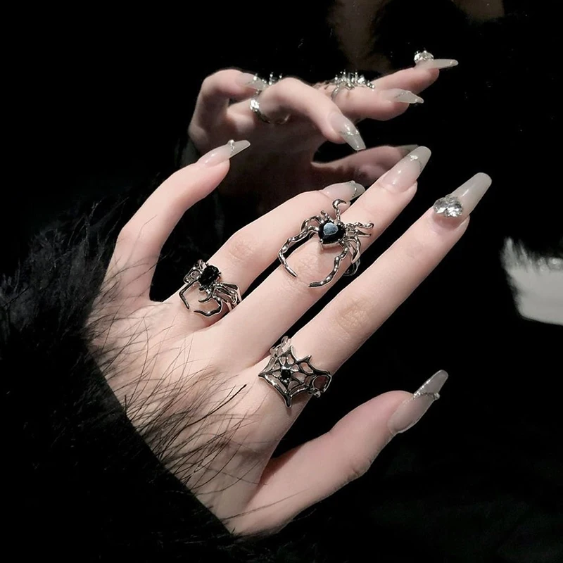 Electroplating Black Heart Spider Web Opening Finger Rings Irregular Halloween Punk Gothic Ring Unisex Party Jewelry Gifts