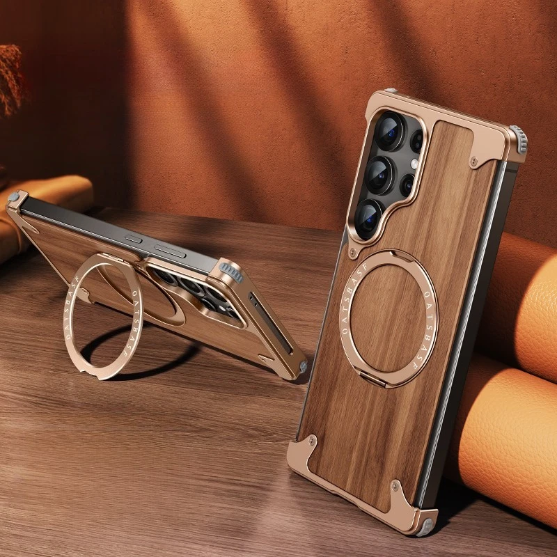 

Чехол для телефона Oatsbasf для Samsung Galaxy S25 S24 Ultra с 360° ° Вращающаяся подставка для беспроводной зарядки, тонкий деревянный защитный чехол