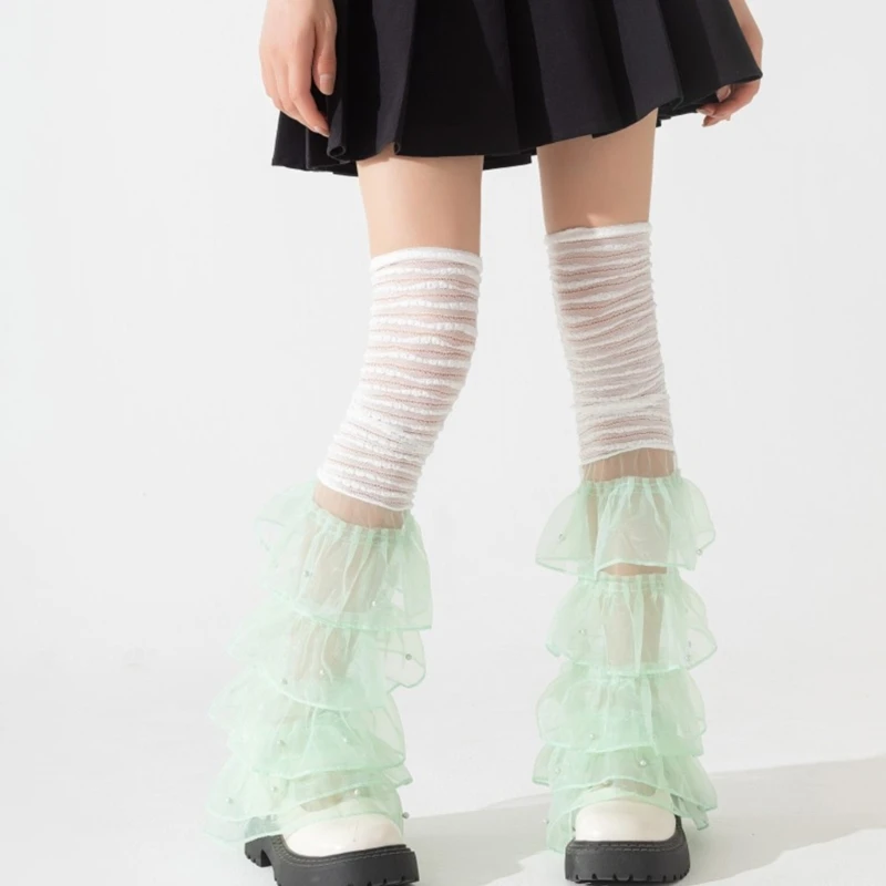 Women Girls Lace Thigh High Leg Warmers Japanese Loose Sheer Mesh Leg Cover Princesses Frilly Boot Socks image 4