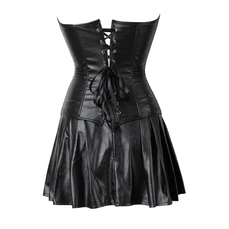 Damen Punk-Kleider mit Reißverschluss, Gothic Lederkorsett-Top, Lederkorsetts, Minirock, Sexy Damen-Lochkleid mit Schnürung, Plissiertes Cosplay-Kleid – Detail 4