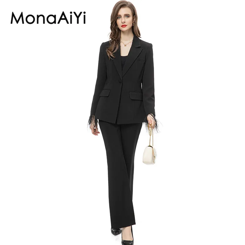 

MonaAiYi 2023 Newest Fashion Designer Women's Lapel Cuff Ribbon Single Button Black Blazer Jacket Tops+Flare Trousers 2pcs Set