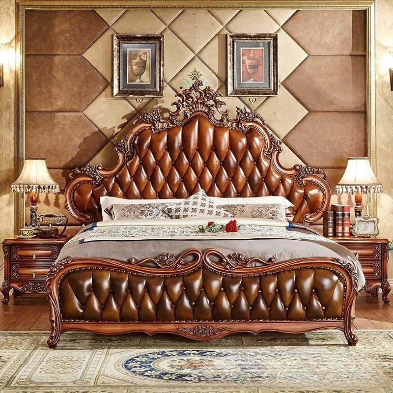 European-Style Solid Wood Carved Leather Bed Modern American Classical First-Layer Cowhide Luxury Wedding Bed for Master Bedroom