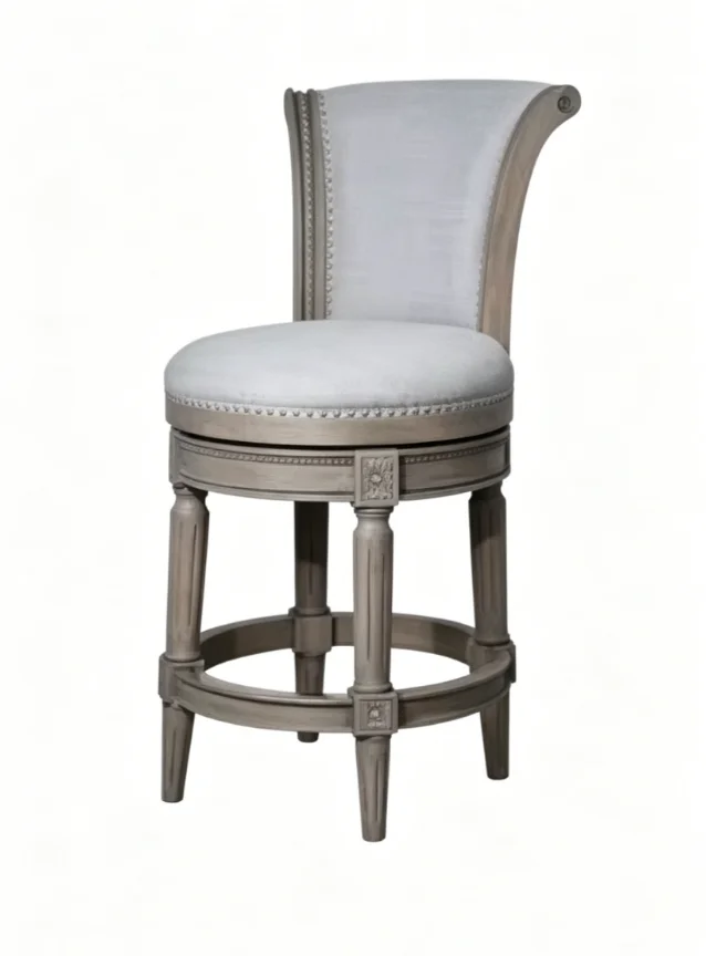 Retro American Leather Bar Stool Ash Wood Carved Swivel High Chair for Kitchen Island Or Pub