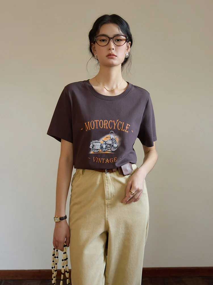 DUSHU Classic Retro Letter Print Women Summer Beige T-shirts Round Neck Front Shoulder Loose Brown Female Tees 24DS82505