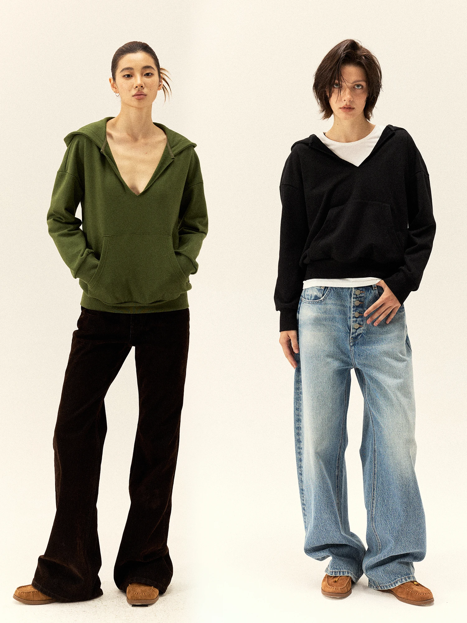 

Gowirel 445g Cotton Sweatirt Hoodie Casual Comfortable Overhead Small V-ne Double-color Layered Women's Streetwear