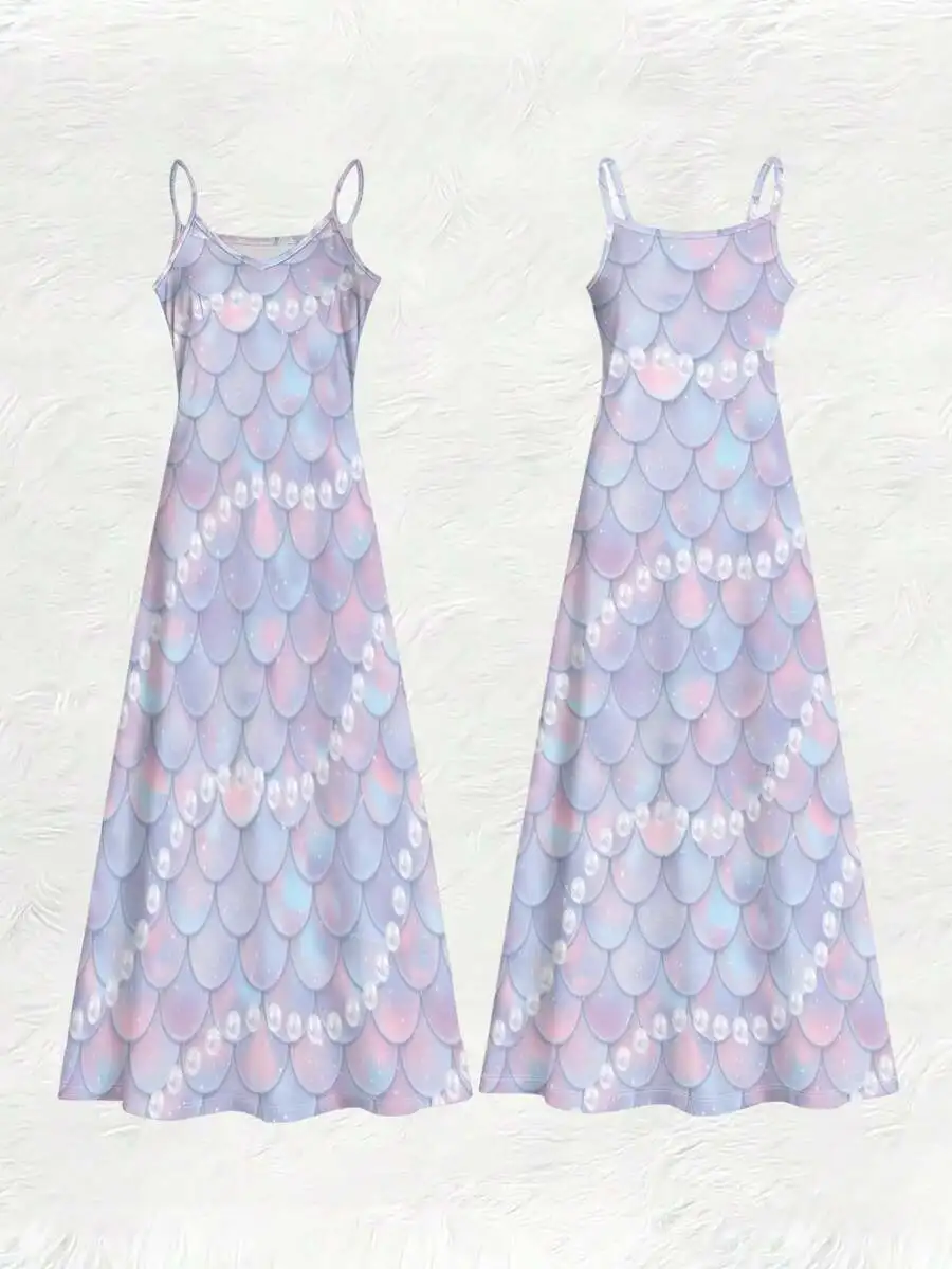 

Pink Purple Mermaid Scale Print Women Spaghetti Strap Maxi Dress Polyester Lightweight Breathable