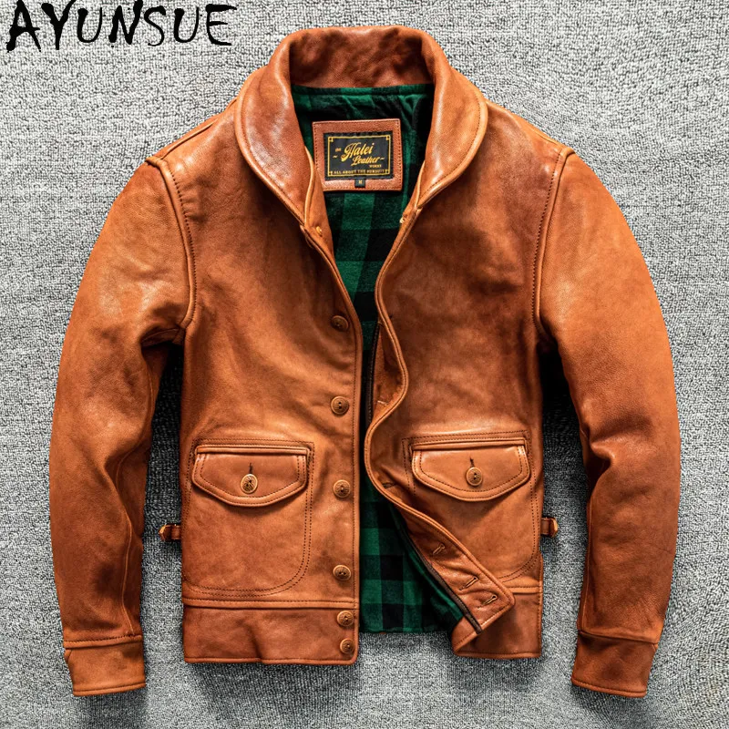 AYUNSUE Top Layer Sheepskin 100% Real Leather Coat Man's Clothing 2026 Autumn Winter Genuine Leather Jacket Men Slim Orange Coat