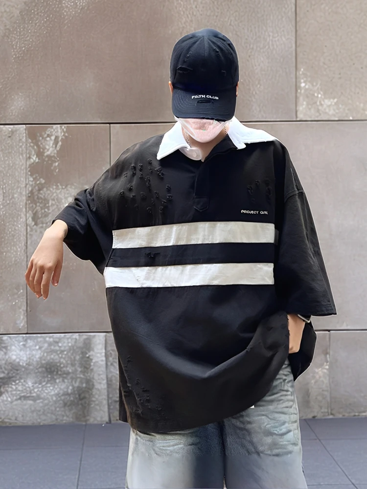 

Ailz Project American Heavy Street Vintage Shirt Loose Collar Short Sleeve T-Shirt Cotton Youth Fashion Casual Wear