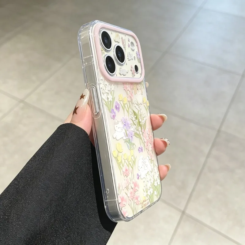 Fresh Flower Rabbit Cat Pattern Shockproof Phone Case For iPhone 11 12 13 14 Pro 15 16 17 Pro Max Cartoon Protection Back Cover - view 6