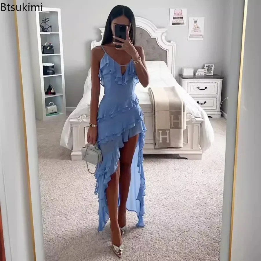 2025 Women's Summer Sexy Ruffles Spaghetti Strap Maxi Dress V Neck Sleeveless Irregular Hem Elegant Beach Party Vestidos Femme