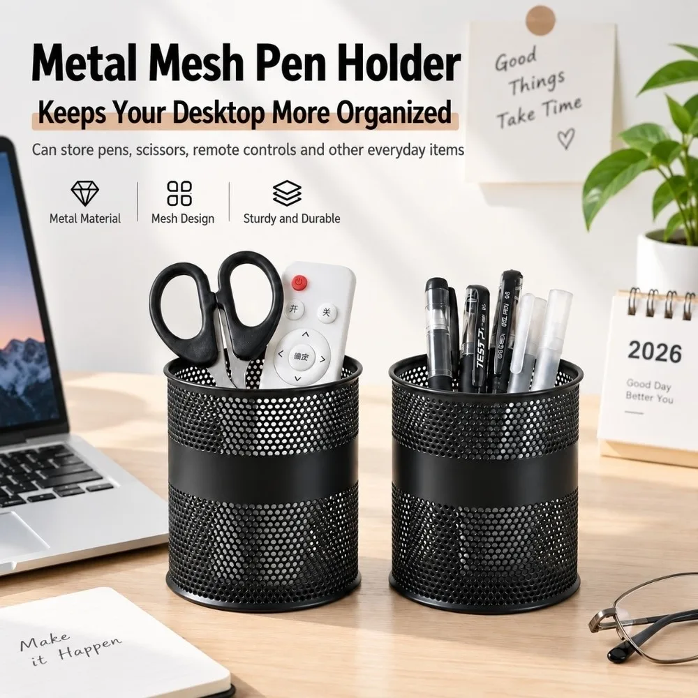 Versatile Round Shape Pen Holder Metal Mesh Iron Material Pencil Cup Hollow Design Pencil Holder Office Use