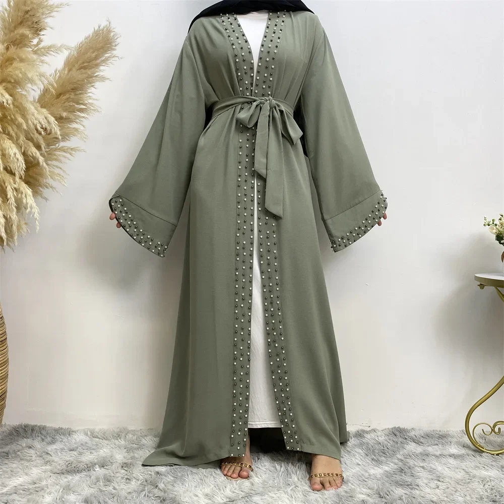 Solid Open Abaya Dubai Turkije Moslim Vest Kaftan Kralen Lace-up Jurken voor Vrouwen Casual Kimono Femme Caftan Islam kleding