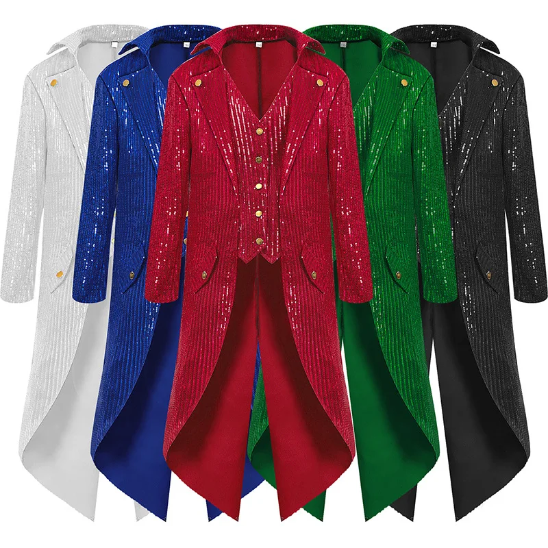 Veste de manteau scintillant, Costume d'halloween, gothique, Steampunk, victorien, redingote, manches longues, paillettes, Blazer de smoking