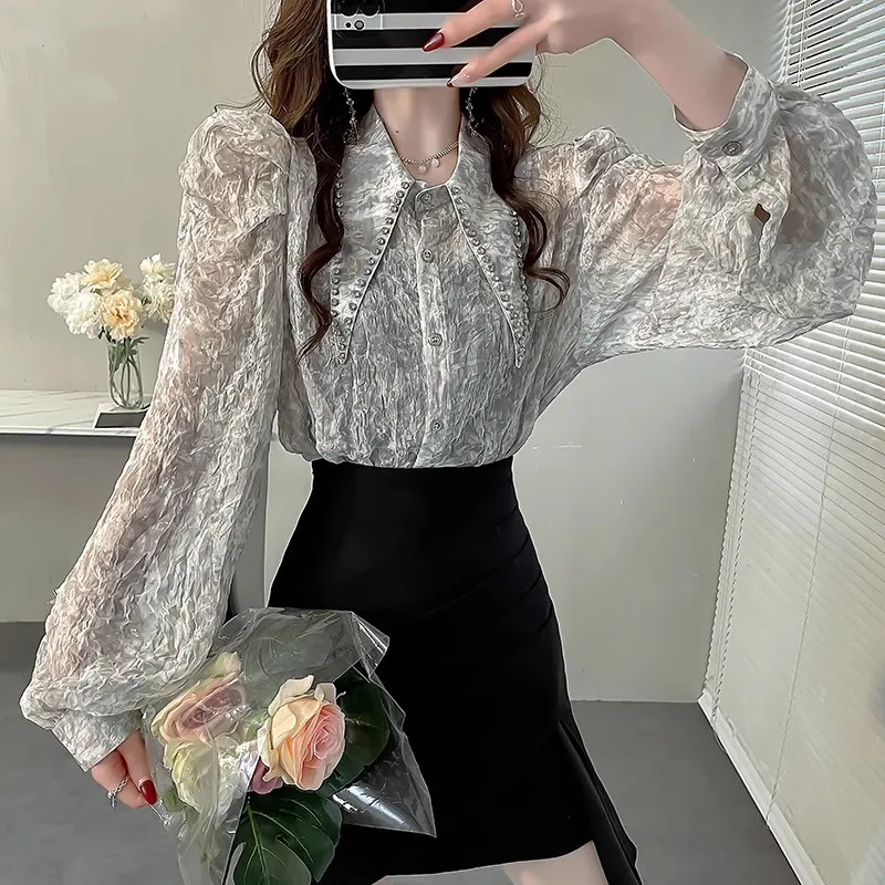 Early Spring High-end Heavy Nail Drill Pointed Collar Shirt Feminine Temperament Chiffon Shiny Silk Top Bubble Sleeve Blous